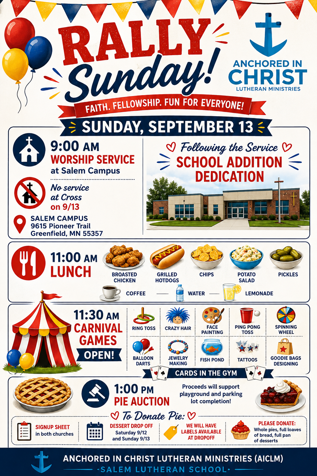 Rally Sunday flyer — Sunday, September 13 at Salem Lutheran School, 9615 Pioneer Trail, Greenfield MN. Worship 9:00 AM, school addition dedication following the service, lunch 11:00 AM, carnival games 11:30 AM, pie auction 1:00 PM.